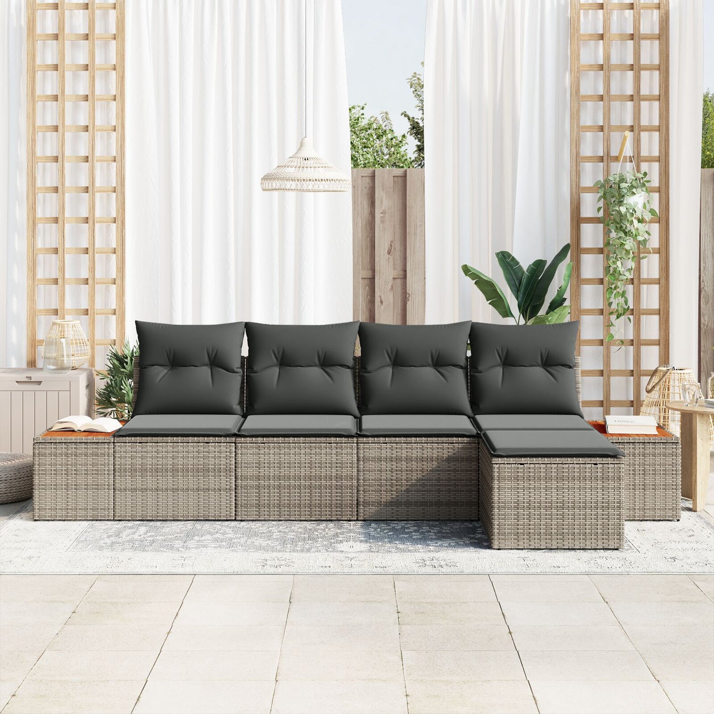 5 Delige Tuin Sofa Set Met Kussens Grijs Poly Rattan Acacia