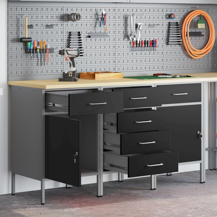 3-Delige Werkkast Set En Grijs Van Geengineerd Hout En Staal 3x (84/84/85 cm) Zwart 3x kast