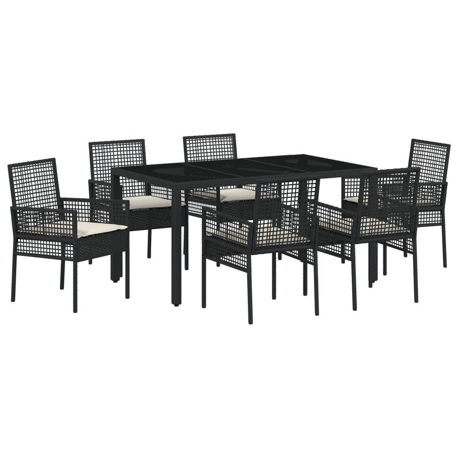 7-Delige Tuintafelset Met Kussens Zwart Poly Rattan