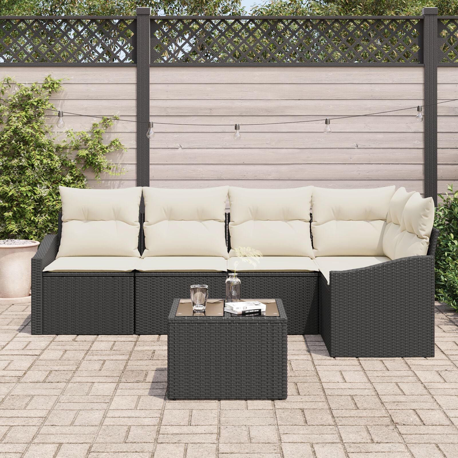 5-Delige Tuinsofa Set Met Kussens Bruin Poly Rattan Zwart en crème met tafel