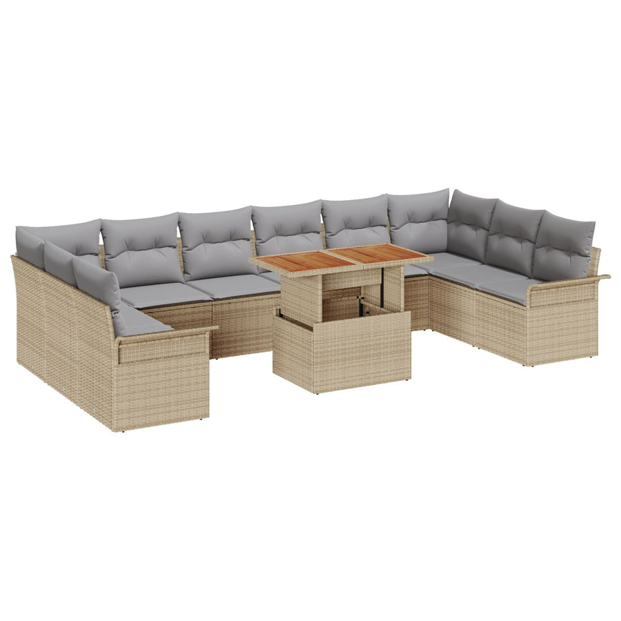11-Delige Tuin Eettafel Set Met Kussens Beige Poly Rattan Acacia