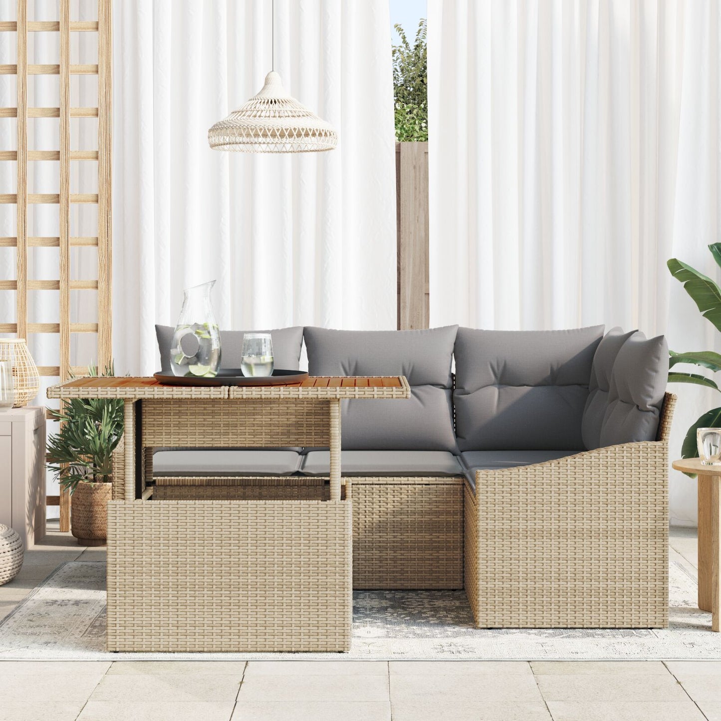 5-Delige Tuindining Set Met Kussens Beige Poly Rattan Acacia