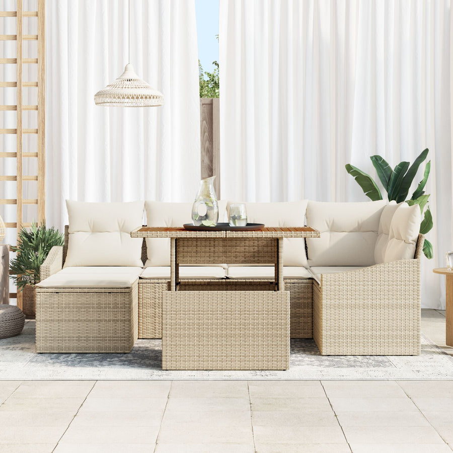 7-Delig Tuin Eetset Met Kussens Beige Poly Rattan Acacia