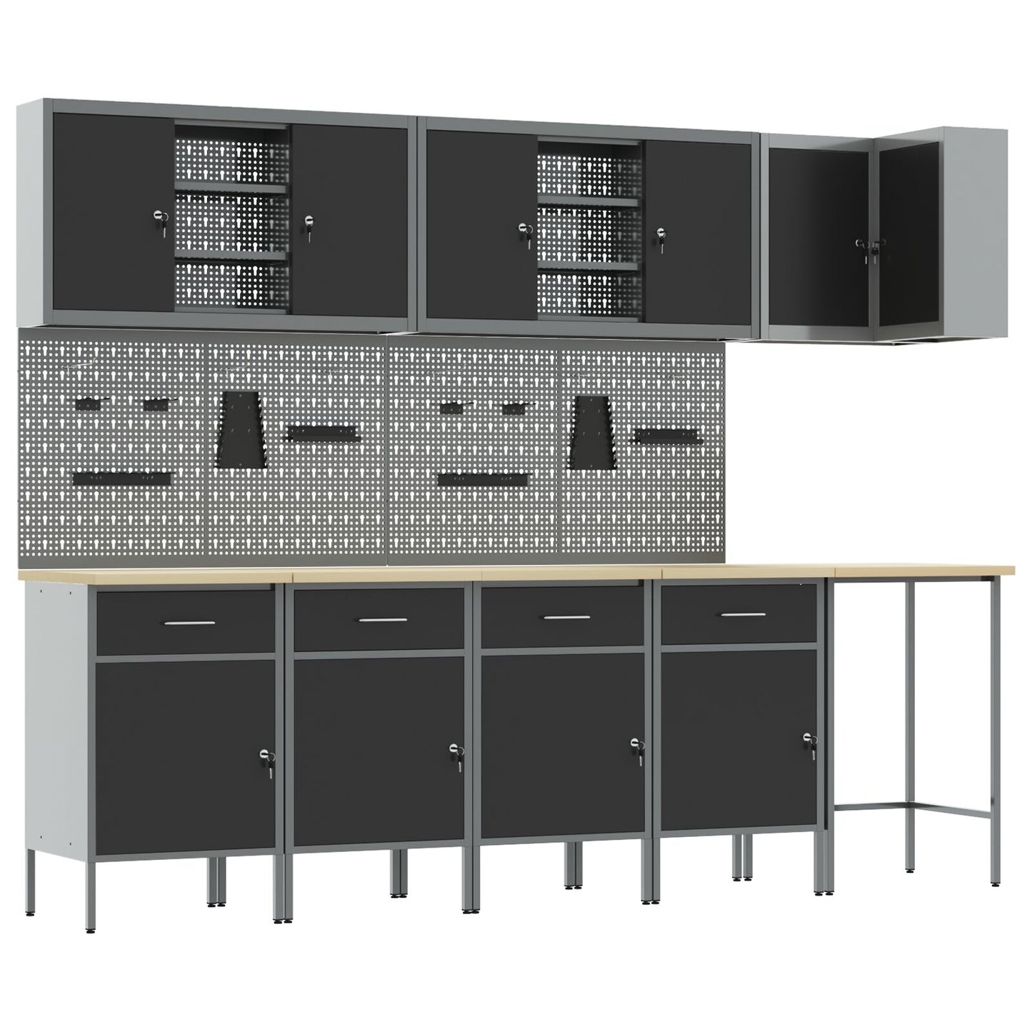 12-Delige Werkplaatskast En Pegboard Set Mdf En Metaal 4x (84 cm) Zwart Tafel + 7x kast + 6x pegboard