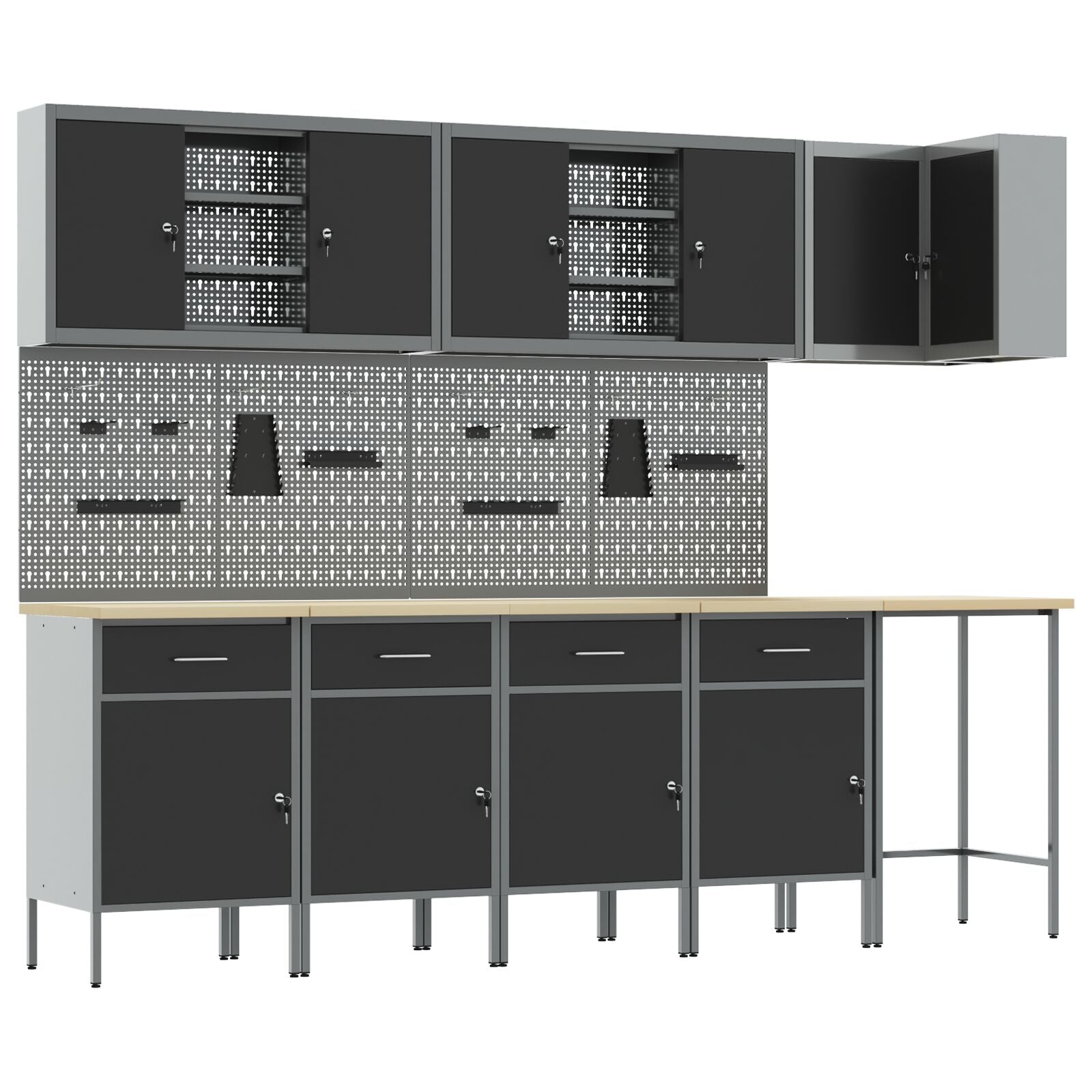 12-Delige Werkplaatskast En Pegboard Set Mdf En Metaal 4x (84 cm) Zwart Tafel + 7x kast + 6x pegboard