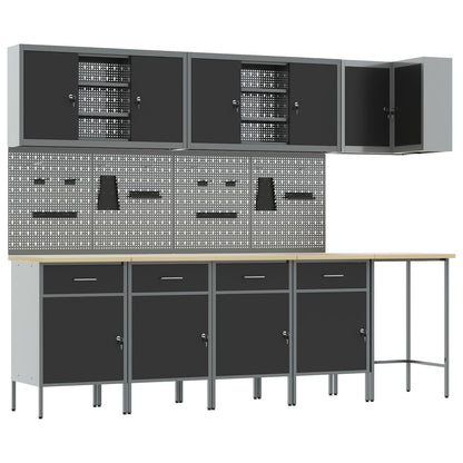12-Delige Werkplaatskast En Pegboard Set Mdf En Metaal 4x (84 cm) Zwart Tafel + 7x kast + 6x pegboard