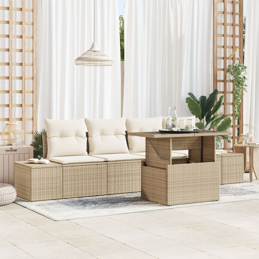 5-Delige Tuinbankset Met Kussens Beige Poly Rattan
