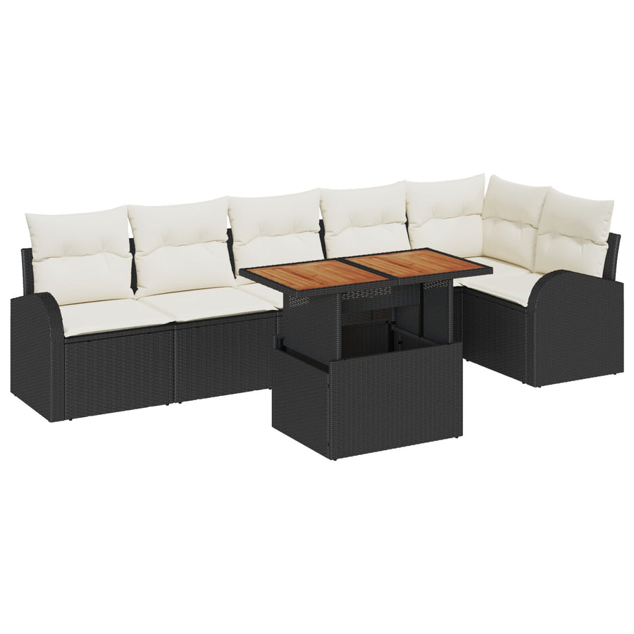 7-Delige Tuin Eettafel Set Met Kussens Zwart Poly Rattan Acacia