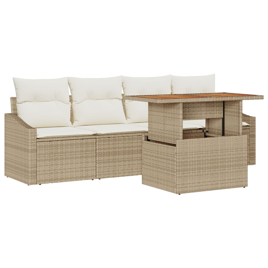 5-Delige Tuin Eetset Met Kussens Beige Poly Riet Acacia
