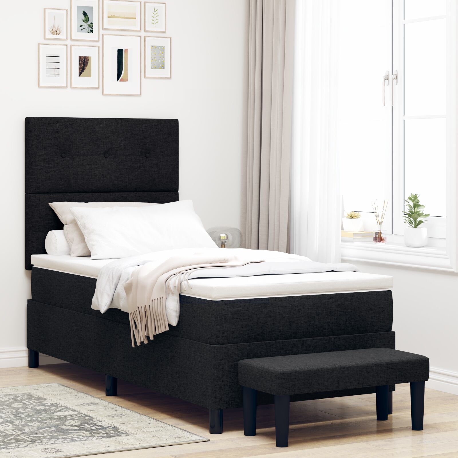 Boxspringbed Met Matras & Bank Stof Zwart 90 x 190 cm Knopen tufted