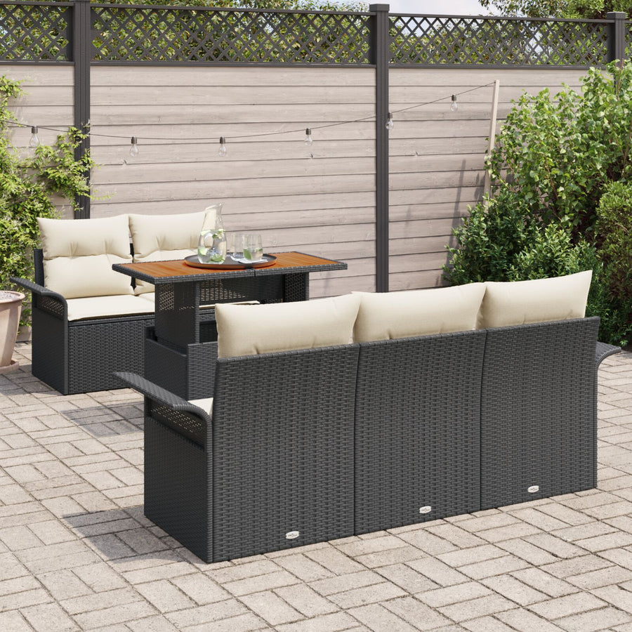 6-Delige Tuinbankset Met Kussens Zwart Poly Rattan Acacia