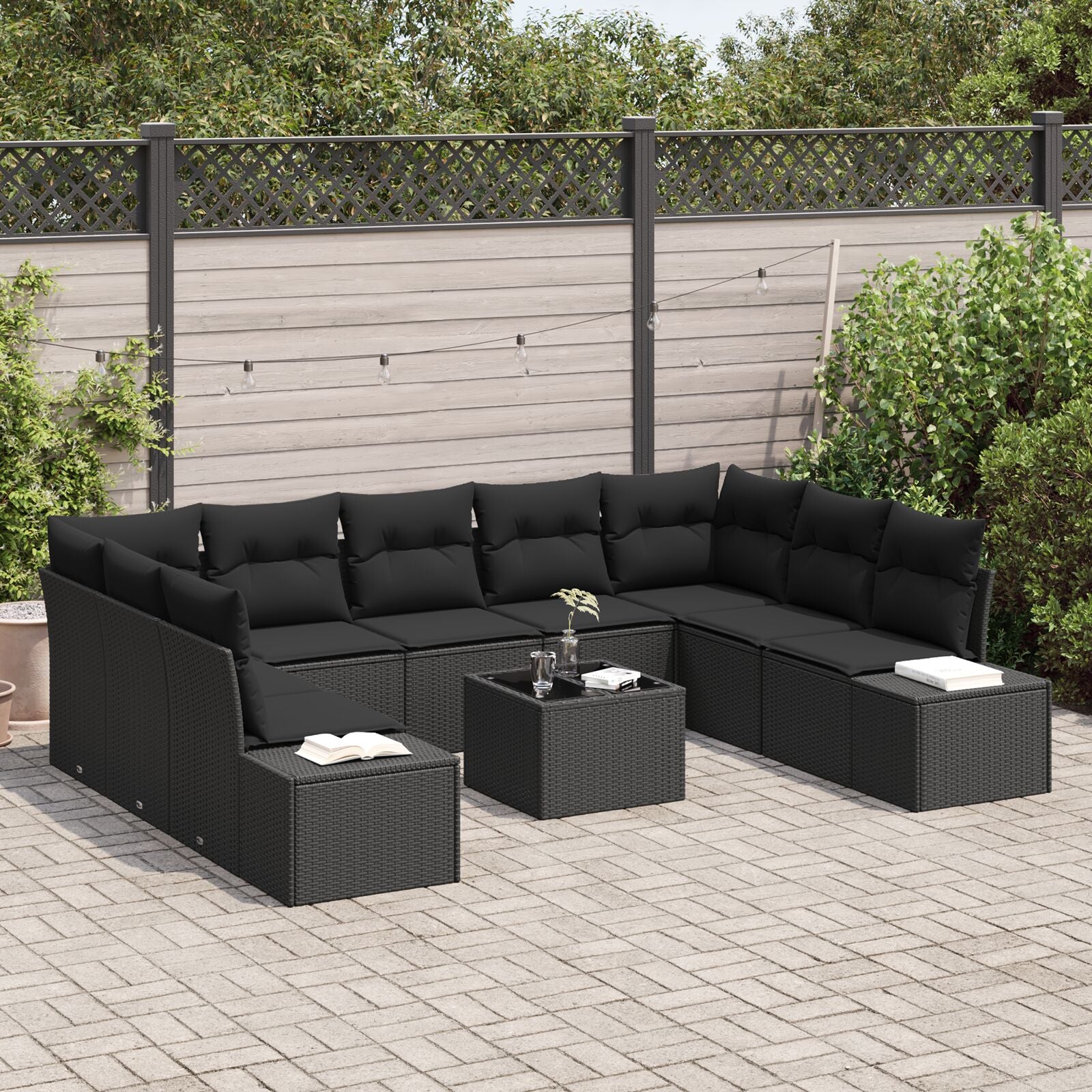 Tuinbank Set 10-Delig Riet, Polyester, Staal Buitenbank Zwart met tafel