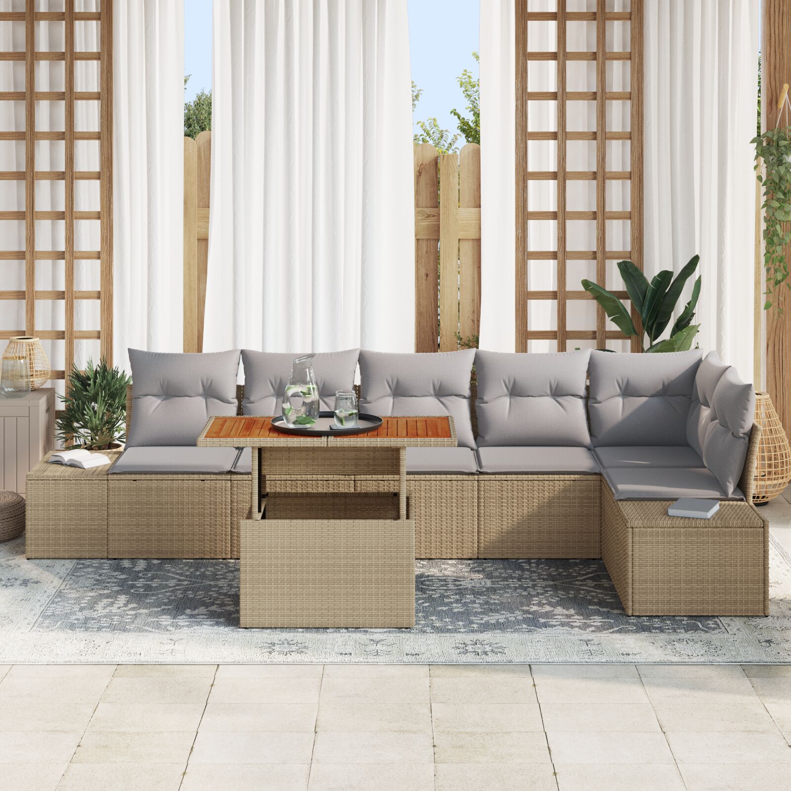7-Persoons Tuin Sofa Set Met Kussens Beige Poly Riet