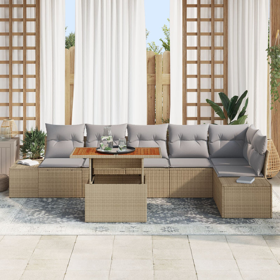 7-Persoons Tuin Sofa Set Met Kussens Beige Poly Riet