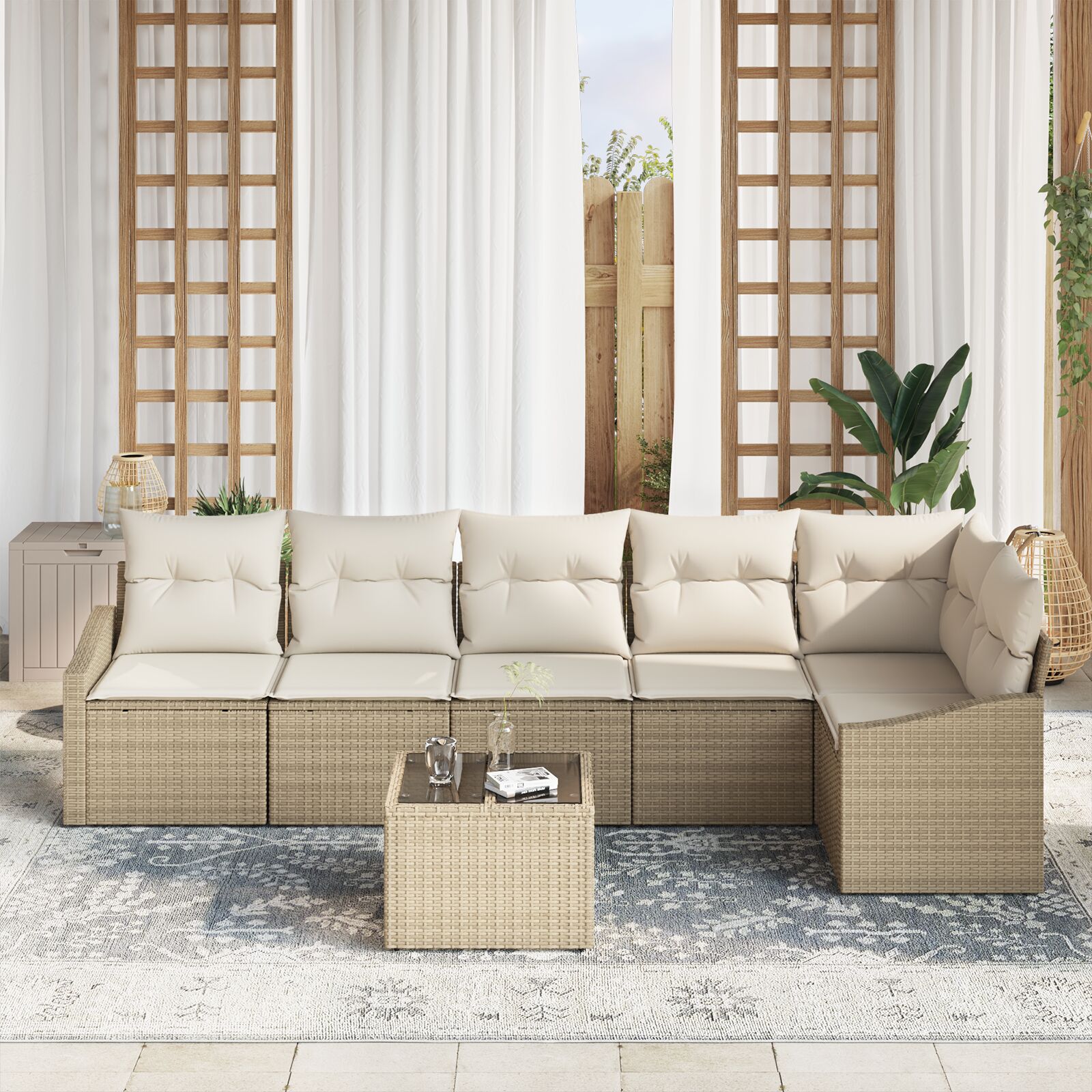 7-Delige Tuin Sofa Set Met Kussens Bruin Poly Rattan Beige en crème met tafel