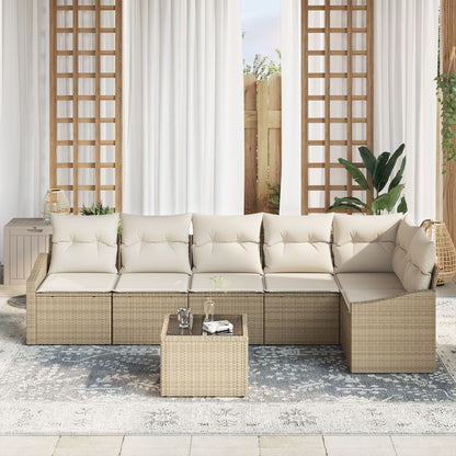 7-Delige Tuin Sofa Set Met Kussens Bruin Poly Rattan Beige en crème met tafel
