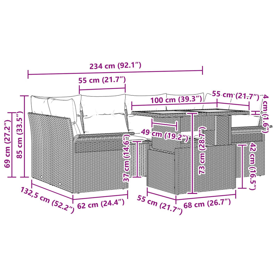 7-Delige Tuinsofa Set Met Kussens Beige Poly Rattan Acacia