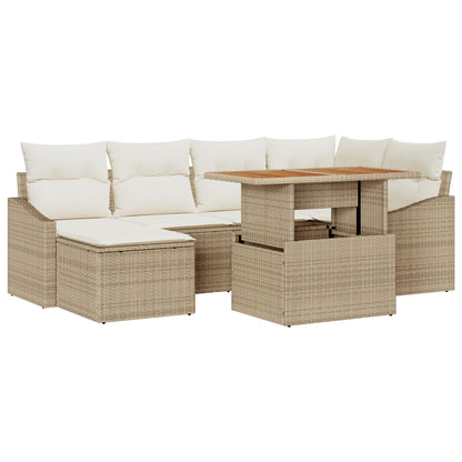 7-Delig Tuin Eetset Met Kussens Beige Poly Rattan Acacia
