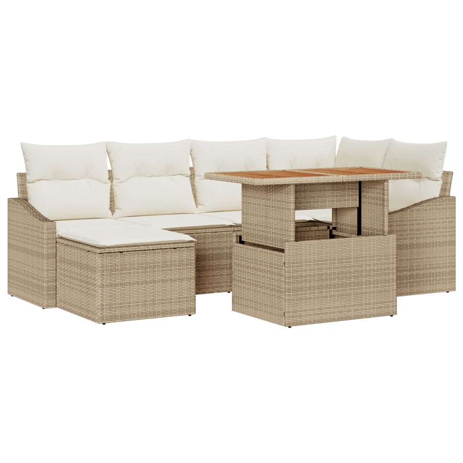 7-Delig Tuin Eetset Met Kussens Beige Poly Rattan Acacia