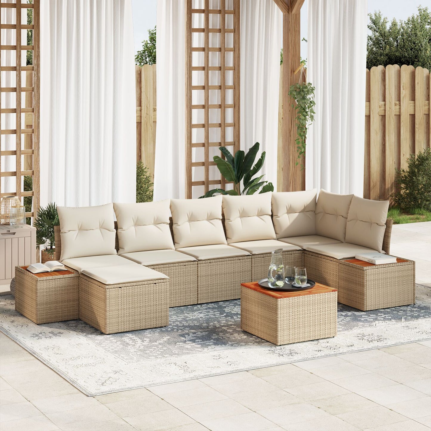 8-Delige Tuin Sofa Set Met Kussens Beige Poly Rattan Acacia