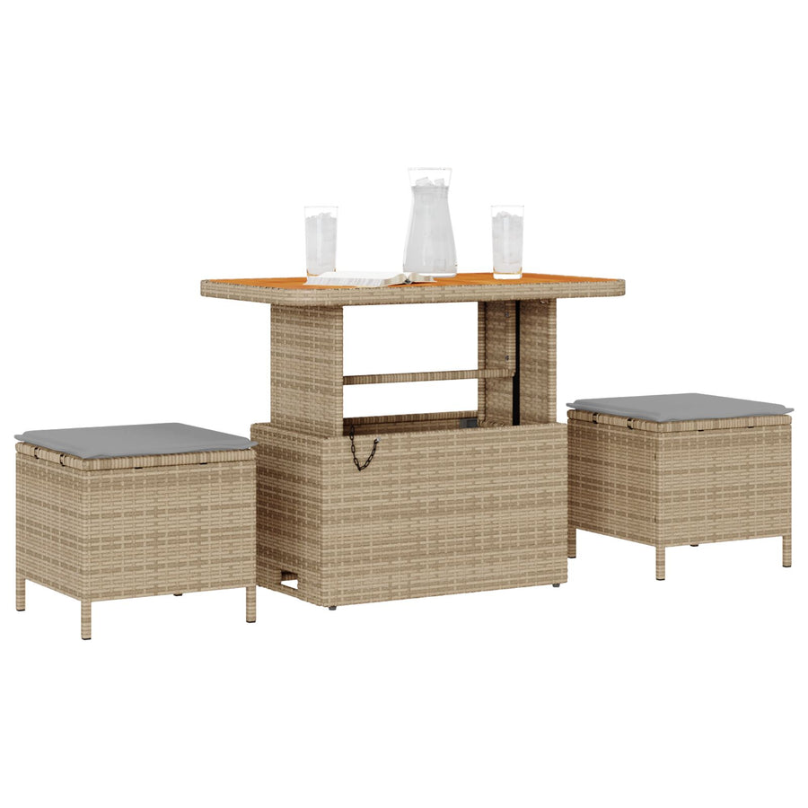 3-Delige Tuin Dining Set Met Kussens Poly Rattan Acacia 90 cm Beige en grijs 2 krukken