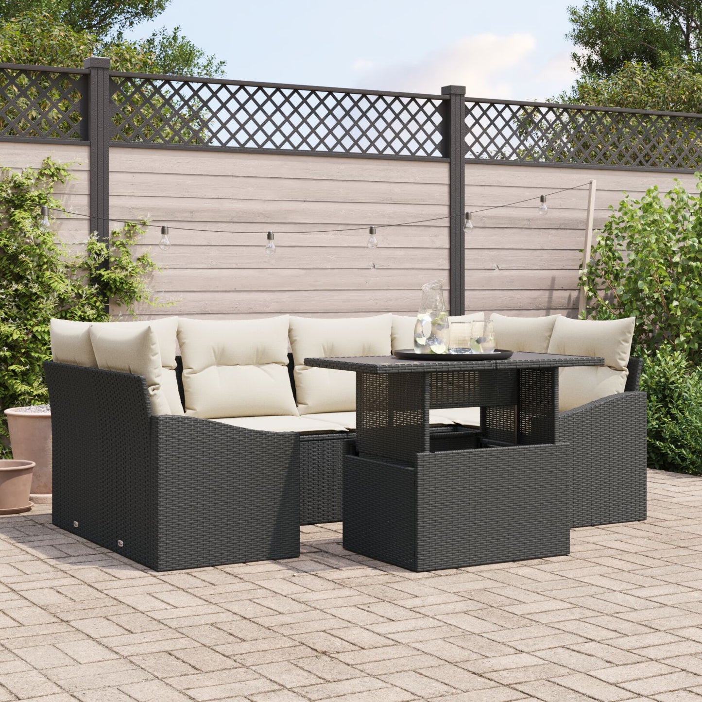 7-Delige Tuinsofa Set Met Kussens Zwart Pe Rattan