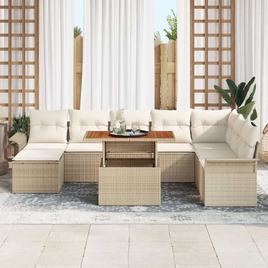 9 Delige Tuin Eetset Met Kussens Beige Poly Rattan Acacia