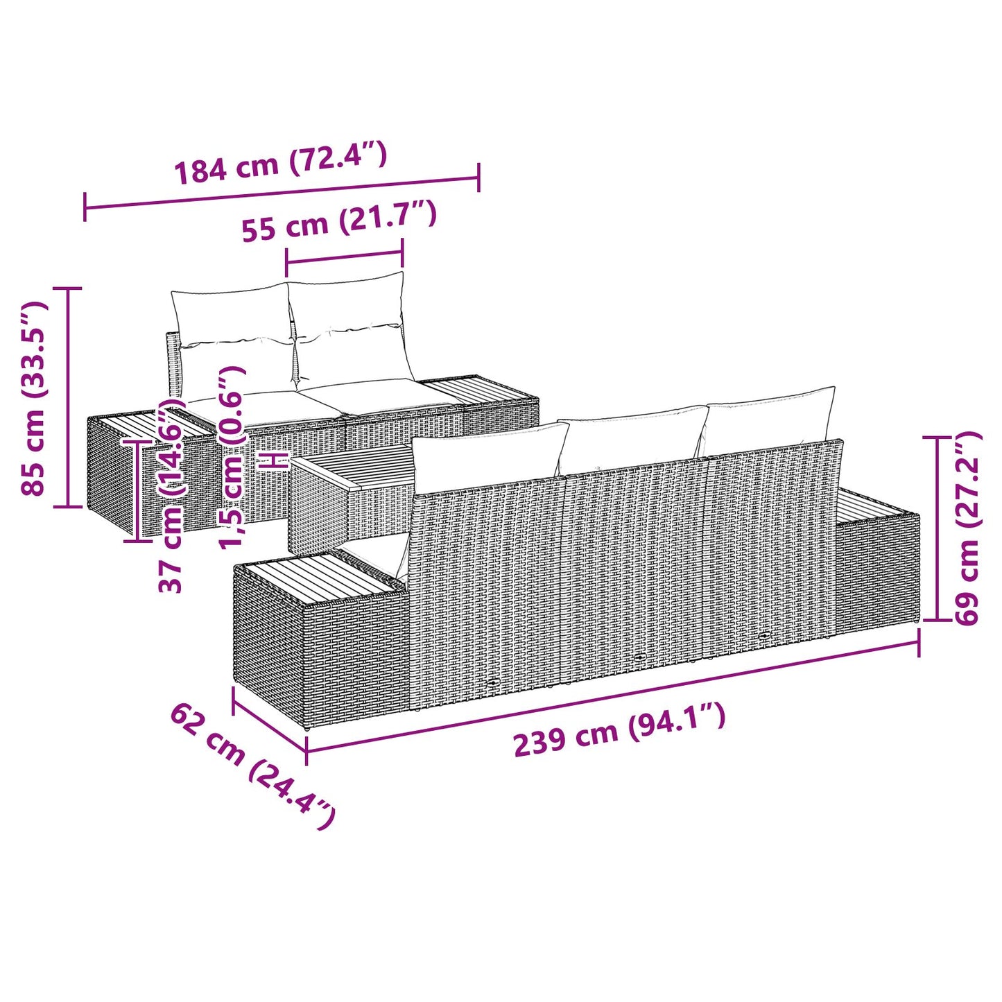6-Delige Tuin Sofa Set Met Kussens Grijs Poly Rattan Acacia