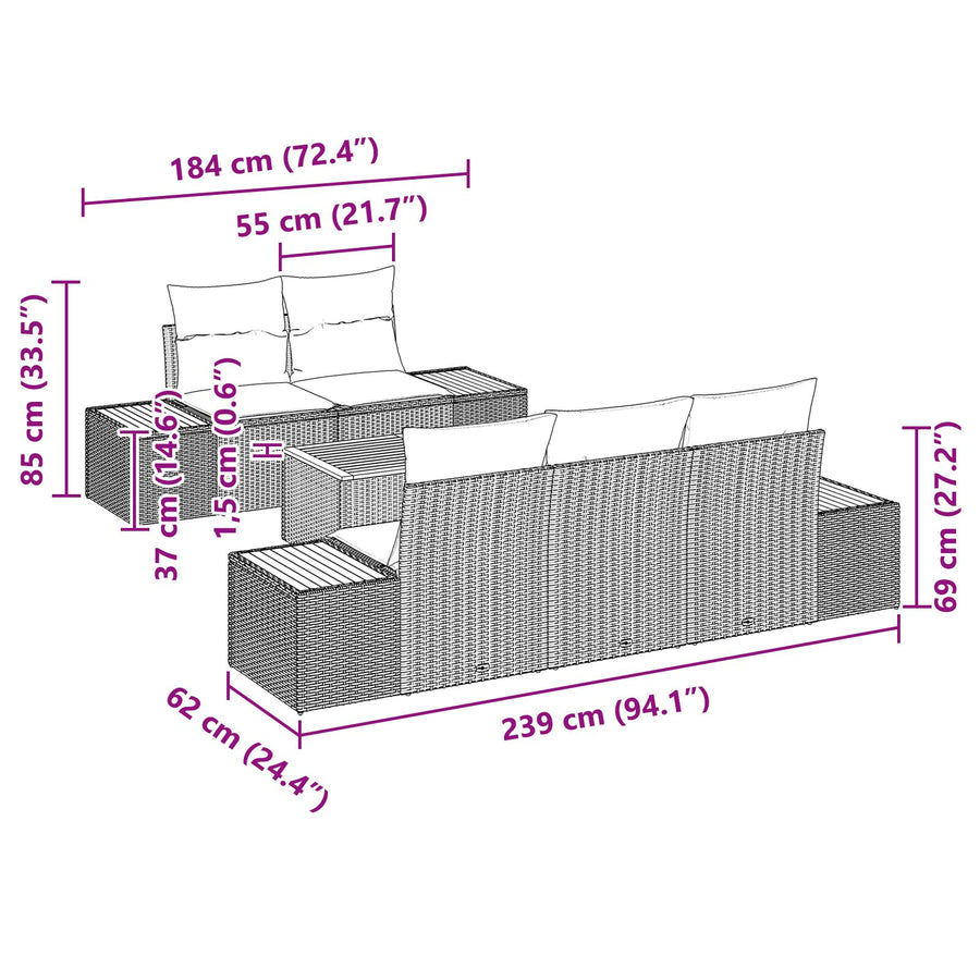 6-Delige Tuin Sofa Set Met Kussens Grijs Poly Rattan Acacia
