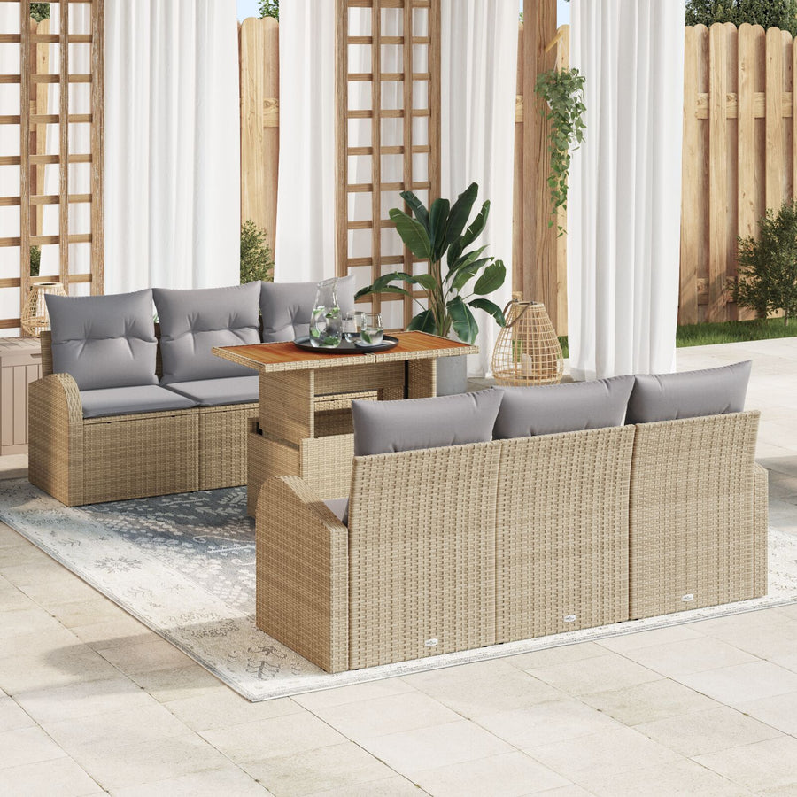 7-Delige Tuin Eetset Met Kussens Beige Poly Rattan Acacia