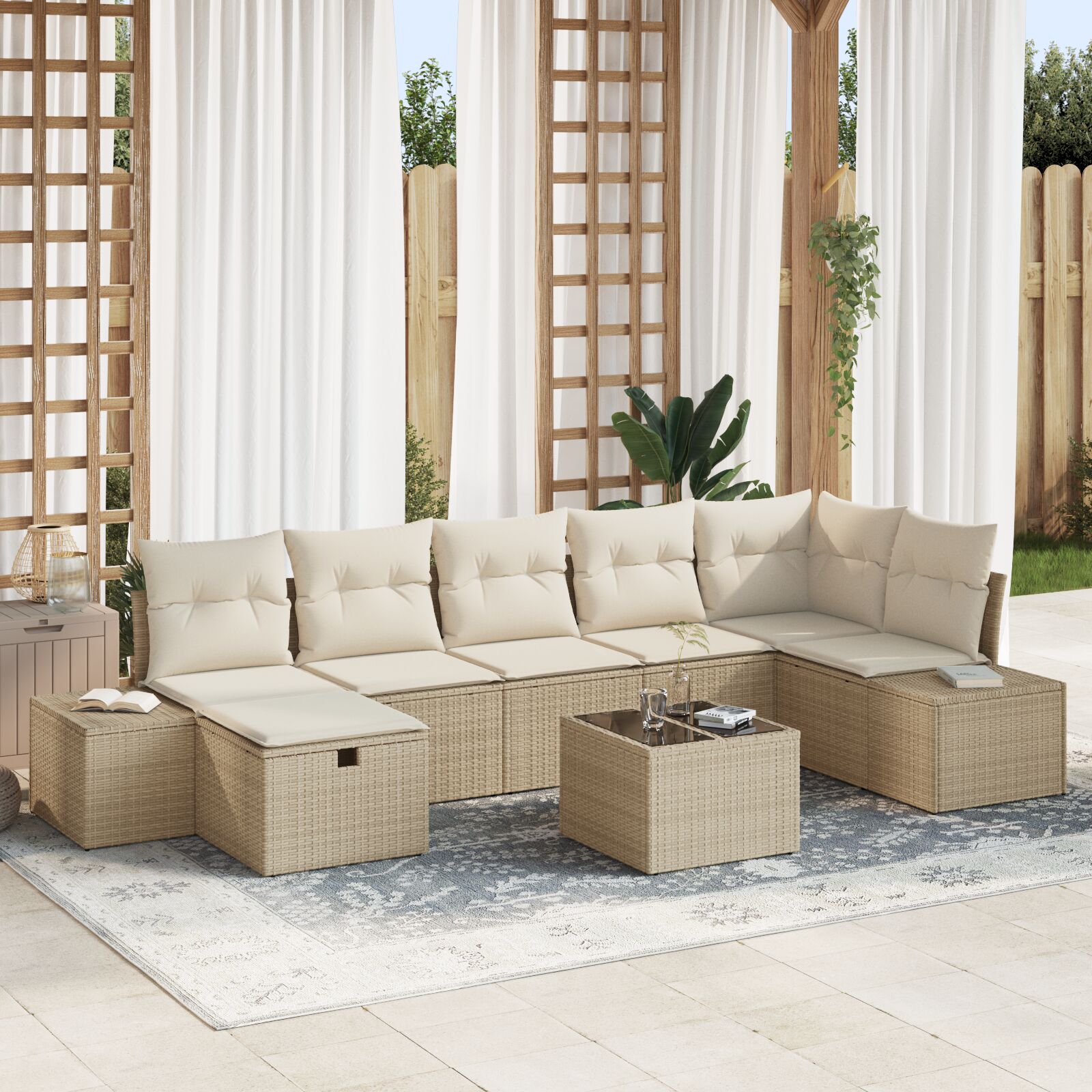 8-Delige Tuinbankset Met Kussens Beige Poly Rattan Wit