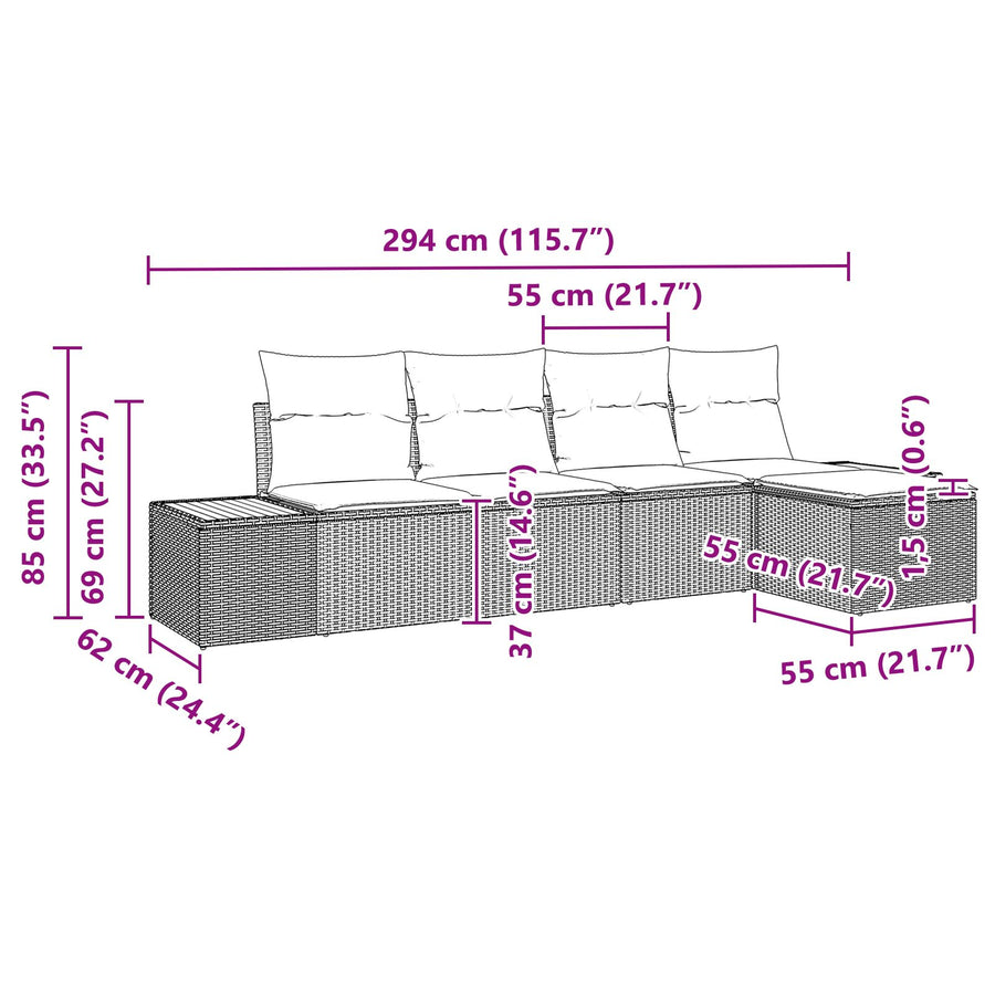 5 Delige Tuin Sofa Set Met Kussens Grijs Poly Rattan Acacia