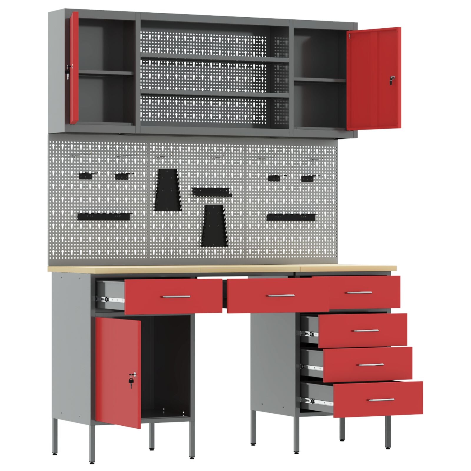 7-Delige Werkcabinet En Pegboard Set Rood Mdf En Metaal