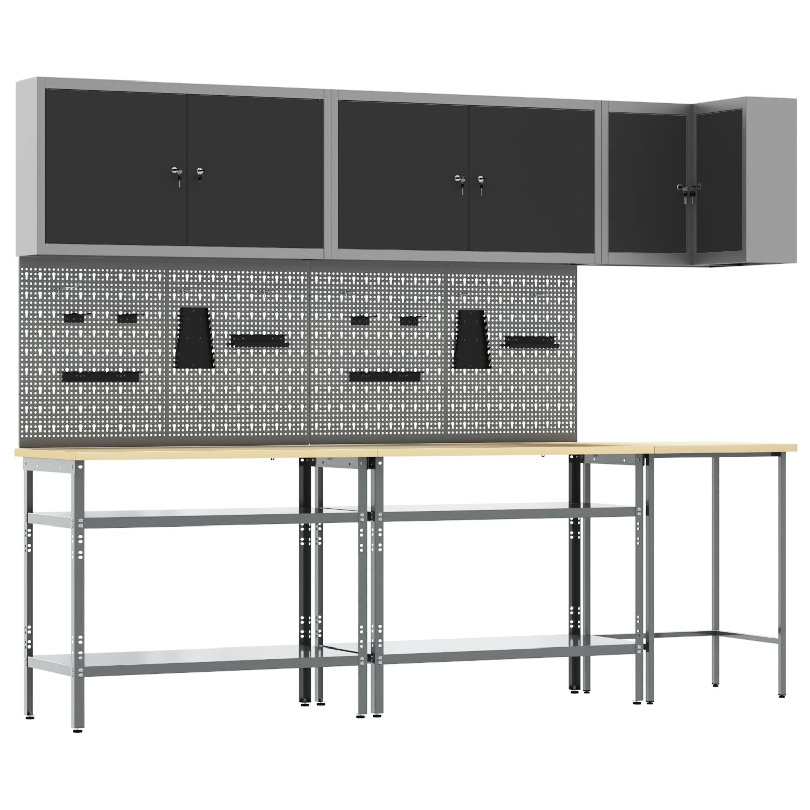 10-Delige Toolopslagtafelset Gelaagd Hout En Metaal 100 cm kast met pegboard Zwart 3x tafel + 4x kast + 4x pegboard