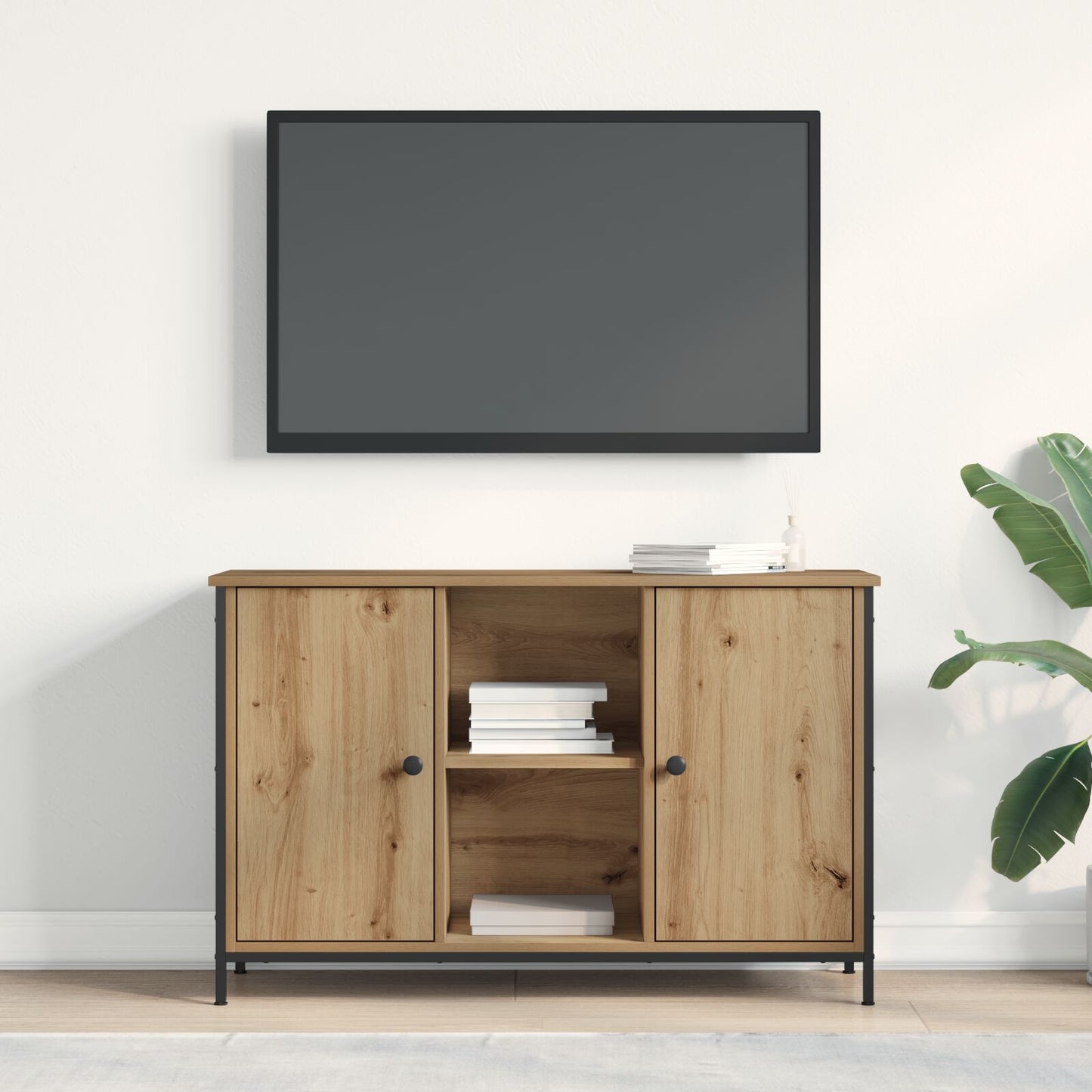 Tv-Kast Zwart Eiken 101X35X65 Cm Engineered Hout En Staal
