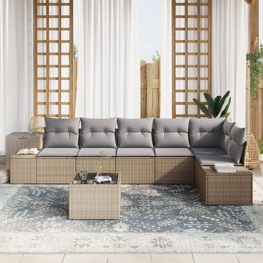 7 Delige Tuin Sofa Set Met Kussens Zwart Poly Rattan Beige en grijs met tafel