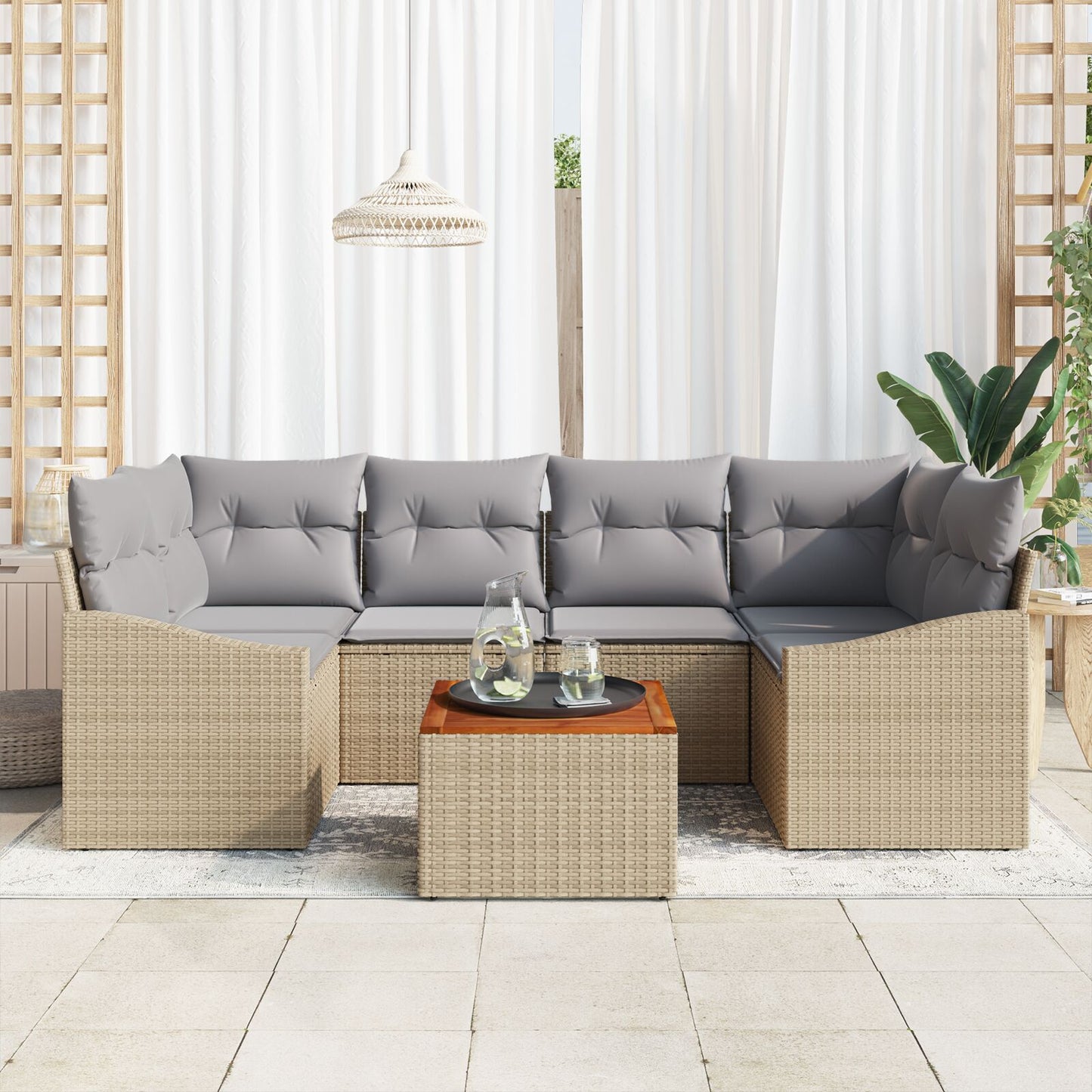 7 Delige Tuinbank Set Met Kussens Beige Poly Rattan Acacia