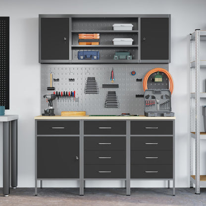 7-Delige Werkbankset Staal 3x (84/85/85 cm) Zwart 4x kast + 4x pegboard