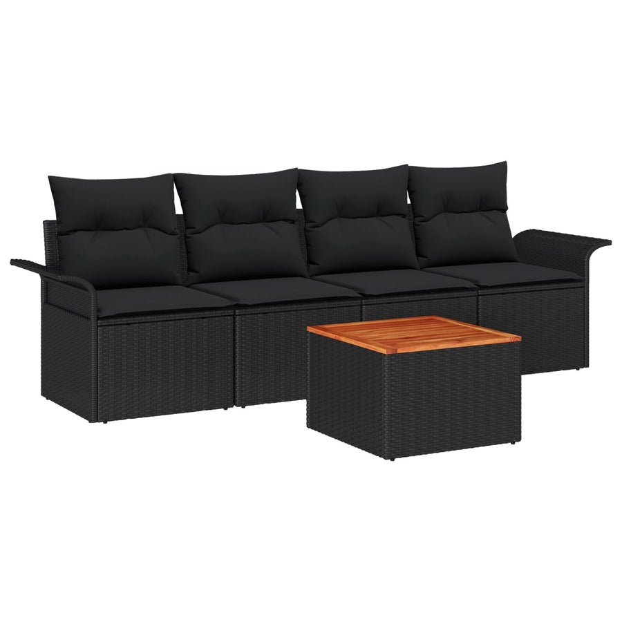 5-Delige Tuinbankenset Met Kussens Zwart Poly Rattan Acacia