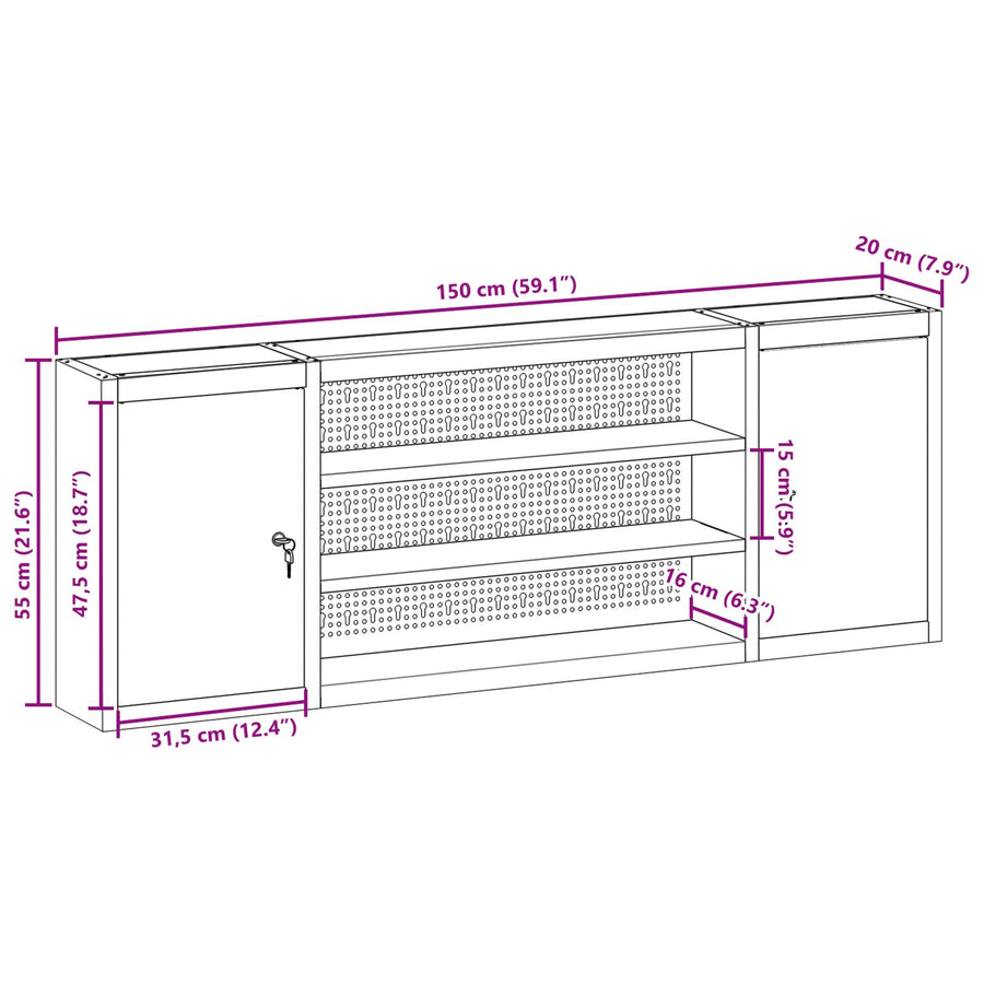 Gereedschapskast Wandmontage Met Pegboard 150X20X55 Cm Staal 150 cm Zwart en grijs Wandkast met pegboard