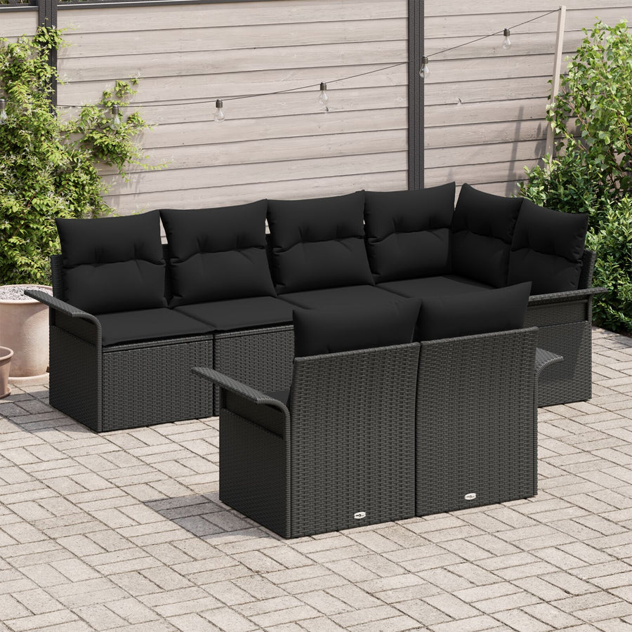 7-Delige Tuin Sofa Set Met Kussens Zwart Poly Rattan