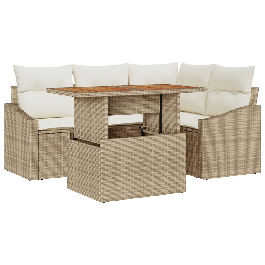 5-Delige Tuin Eetset Met Kussens Beige Poly Rattan Acacia