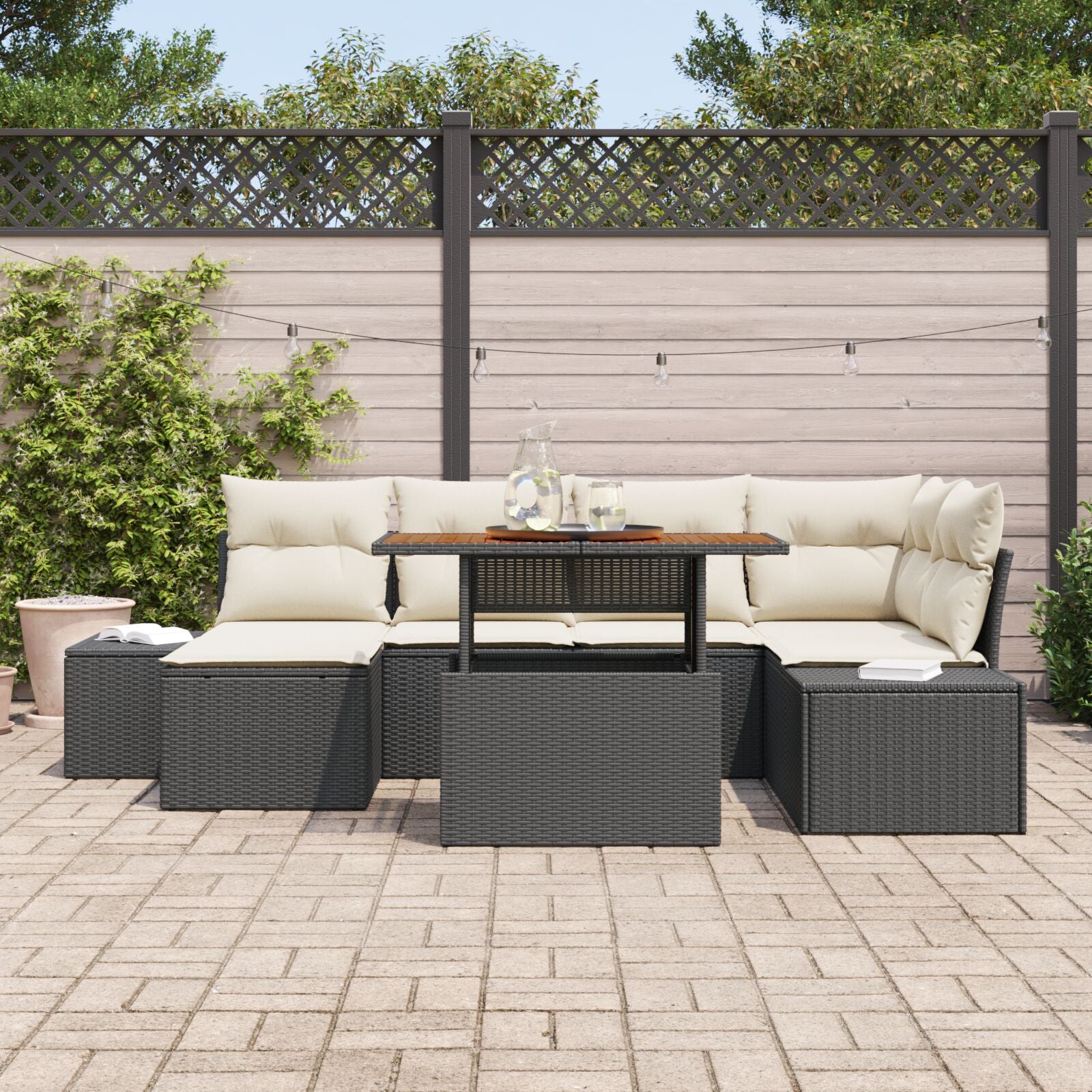 7-Delige Tuin Eetset Met Kussens Zwart Poly Rattan Acacia