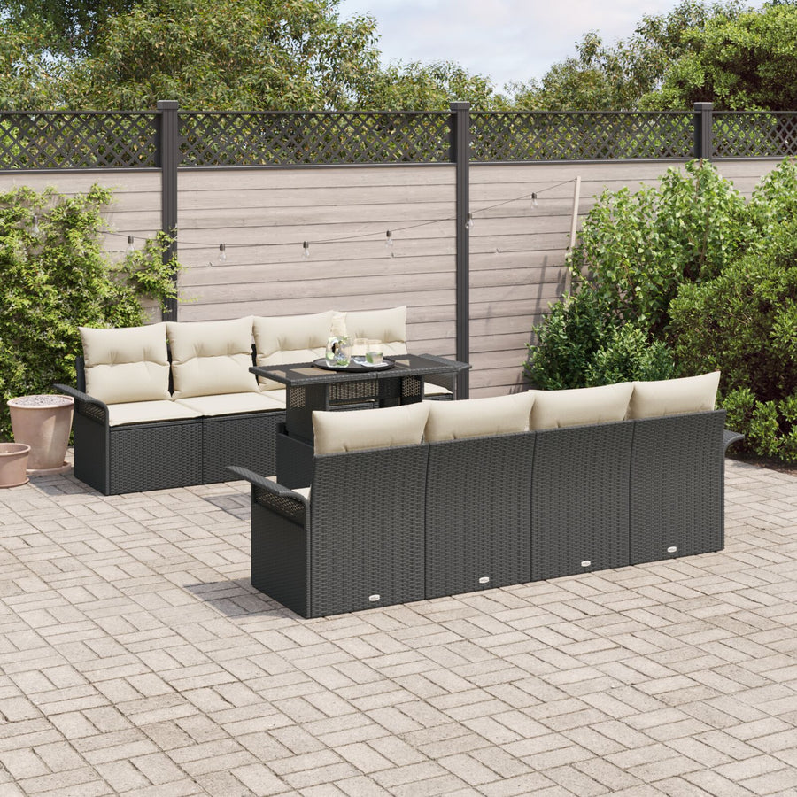 9-Delige Tuin Sofa Set Met Kussens Zwart Poly Riet