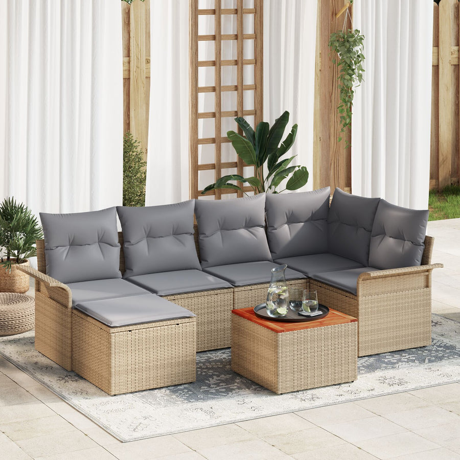 7-Delige Tuin Sofa Set Met Kussens Beige Poly Rattan Acacia