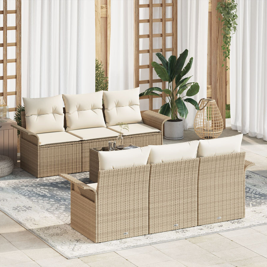 7-Delige Tuinsofa Set Met Kussens Beige Poly Rattan