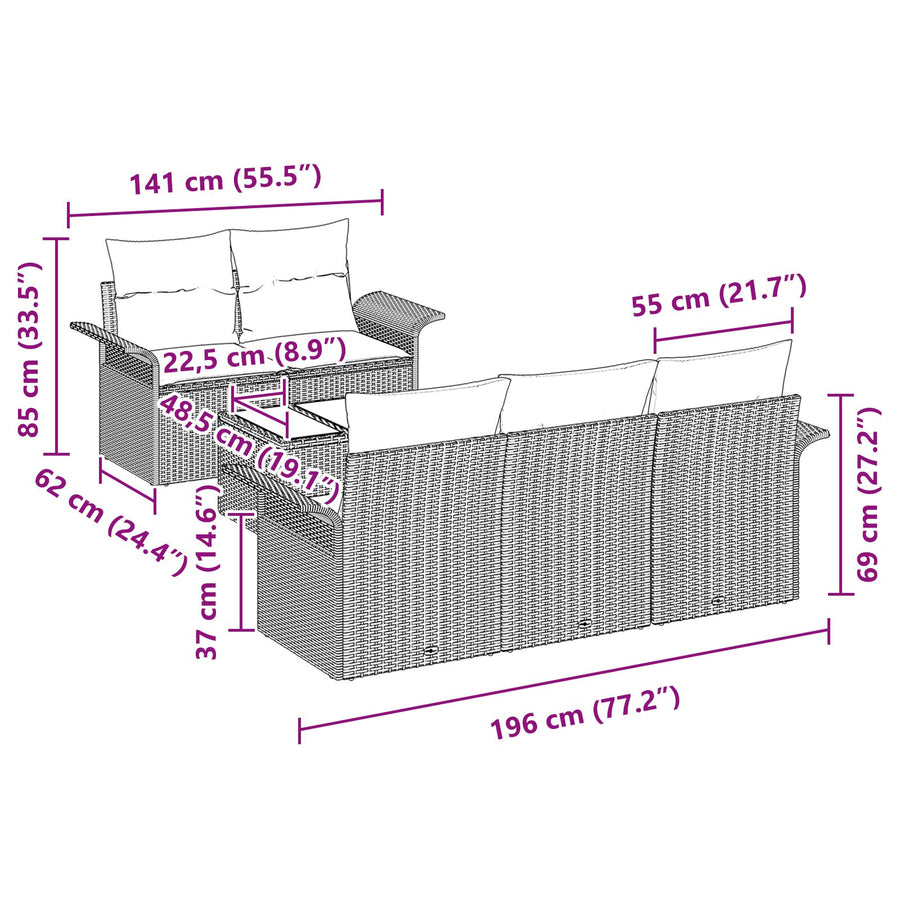 6-Delige Tuin Sofaset Met Kussens Zwart Poly Rattan