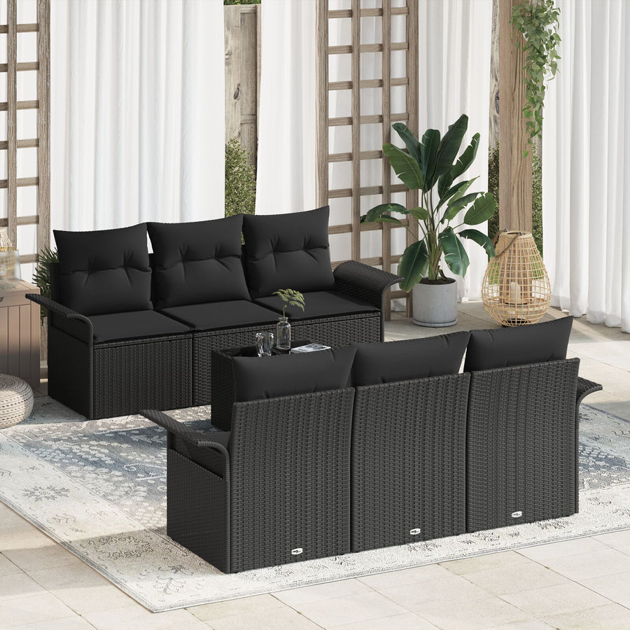 7-Delige Tuin Sofa Set Met Kussens Zwart Poly Rattan