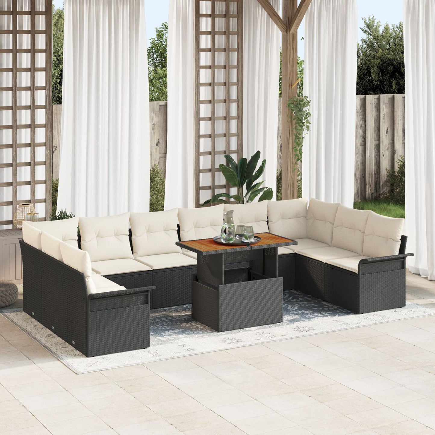 11 Delige Tuin Eetset Met Kussens Zwart Poly Rattan Acacia