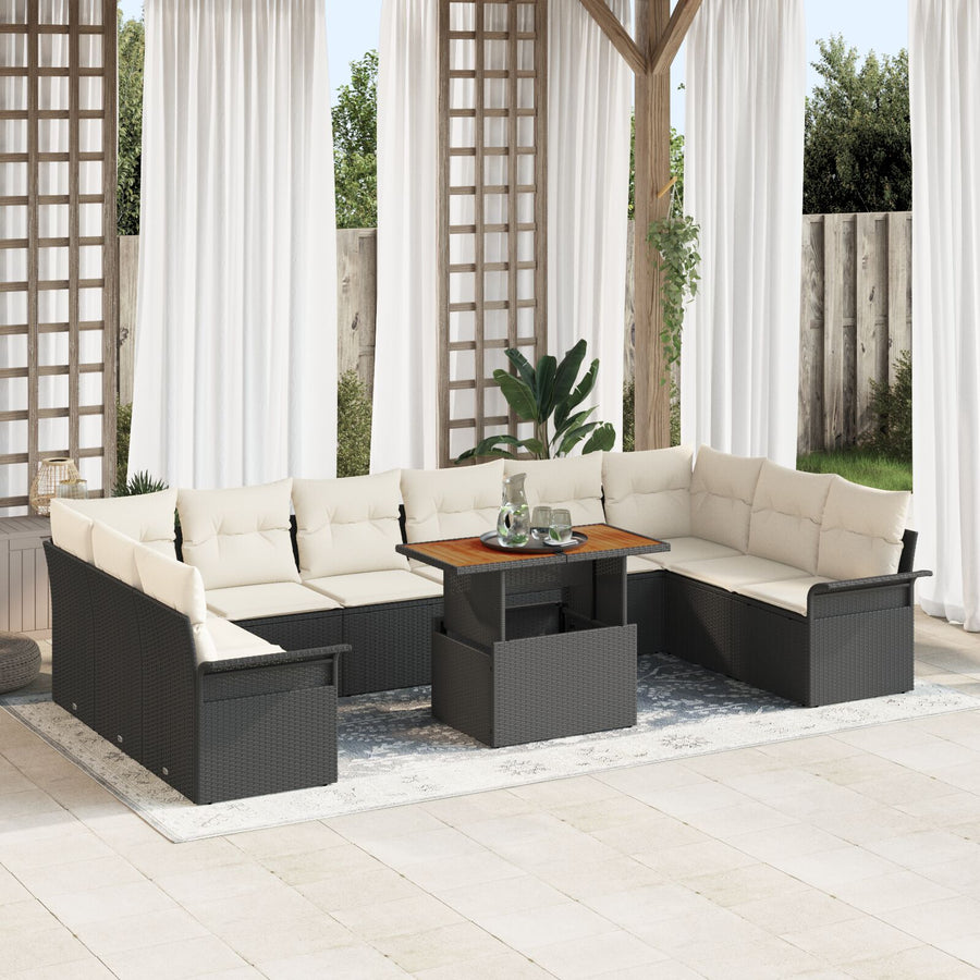 11 Delige Tuin Eetset Met Kussens Zwart Poly Rattan Acacia